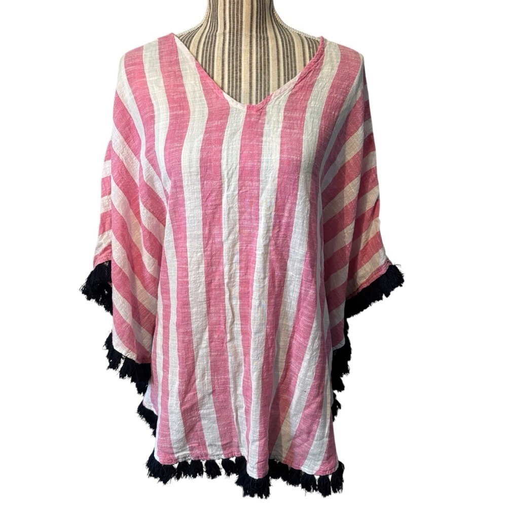 Mud Pie Coverup Pink White Striped Black Fringe Beach Swim Poncho Cotton